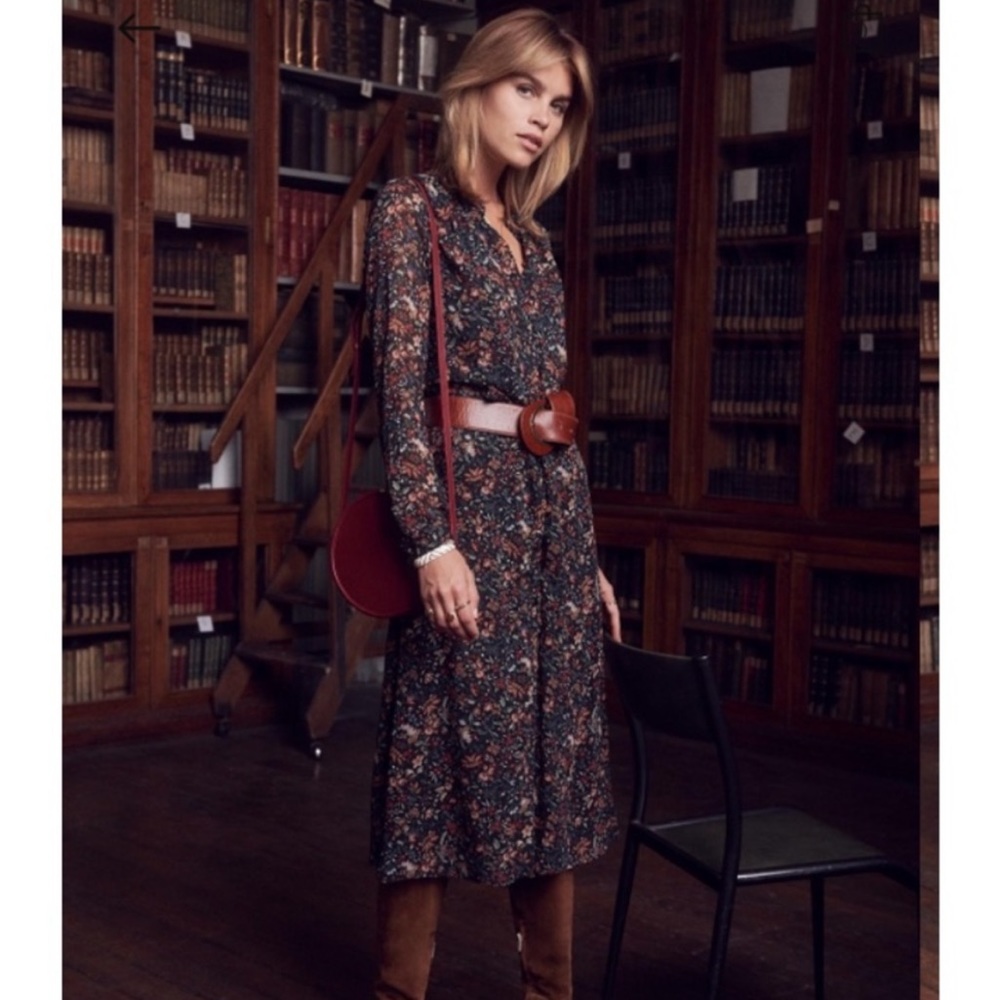 Sezane Clemence Dress Printed Black Foliage Floral Size 40